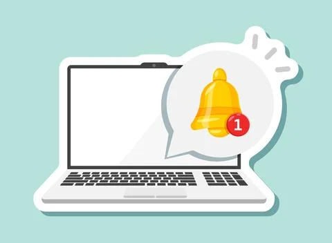 Laptop notification sticker icon in flat style. Computer vector illustratio.. Ilustración de archivo