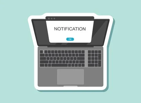 Laptop notification sticker icon in flat style. Computer vector illustratio.. Ilustración de archivo