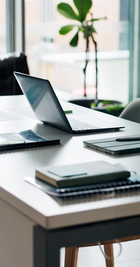 Laptop, office and documents with table of workspace of modern interior design Stock Footage 319296274