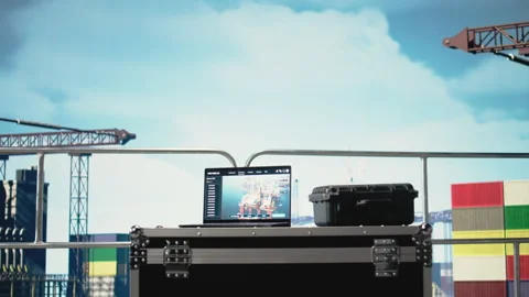 Laptop on offshore platform with predictive software analyzing rig operations Stock Footage 319969910