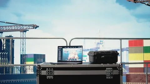 Laptop on offshore platform with predictive software analyzing rig operations Stock Photos