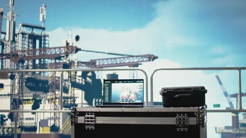 Laptop on offshore platform with software used to identify system faults Stock Footage 319970364