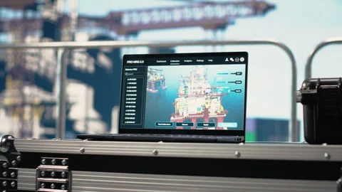 Laptop on offshore platform with software used to identify system faults Stock Footage 319972746