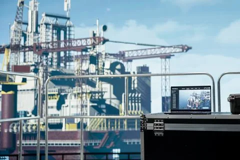 Laptop on offshore platform with software used to monitor equipment Stock Photos