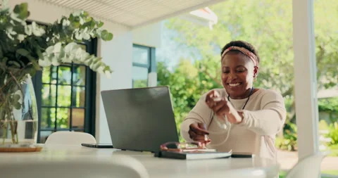 Laptop, online class and wave with black woman in home for distance school Stock Footage 310794968