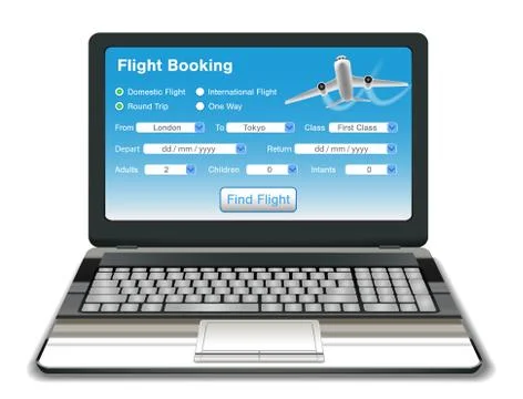 Laptop with online flight booking interface Stock Illustration