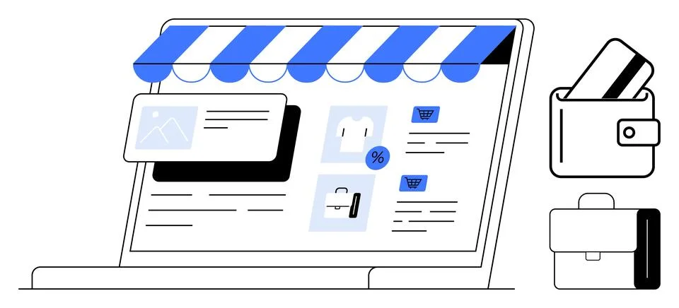 Laptop with online store interface including product images, shopping cart, p Stock Illustration