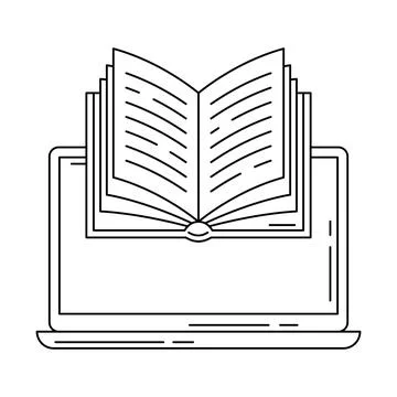 Laptop with open book. Digital library concept. Ilustración de archivo