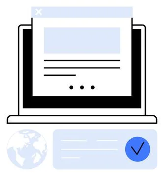 Laptop with Open Document, Globe Icon, and Checkmark for Web Verification o.. Stock Illustration