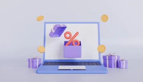 Laptop with open gift box and falling coins, discount voucher or coupon Stock Illustration