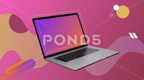 Laptop open in pink background. Modern digital collage. Stock Photos