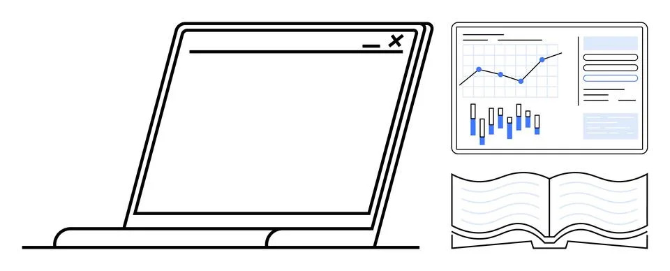 Laptop with open screen, detailed analytics chart showing data points and tre 스톡 일러스트