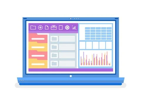 Laptop with Open Website, Graphics and Folders Stock Illustration