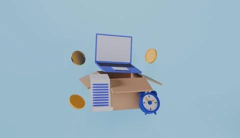 Laptop with opened box, bills, receipts, alarm clock, coins concept Stock Illustration