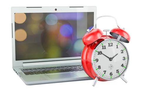Laptop with opened display with alarm clock, 3D rendering Stock Illustration