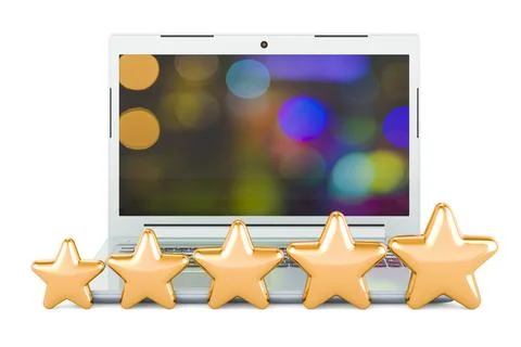 Laptop with opened display with five golden stars, 3D rendering Stock Illustration