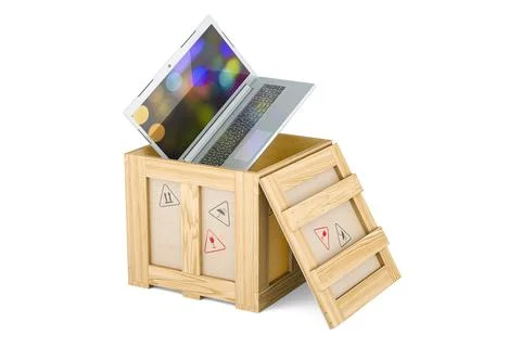 Laptop with opened display inside wooden box, delivery concept. 3D rendering Stock Illustration