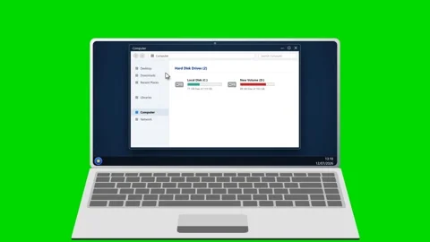 Laptop opening file explorer window on green background. 4K Stock Footage 341694507