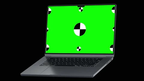 Laptop opens smoothly with a green screen on a black background. 3d Pc with Stock Footage 171381979