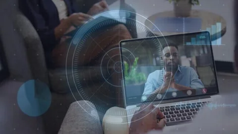 Laptop operator using trackpad, remote speaker gesturing, HUD pulsing, charts Stock Footage 332428417