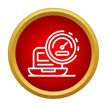 Laptop optimizing speed performance icon in red circle Stock Illustration