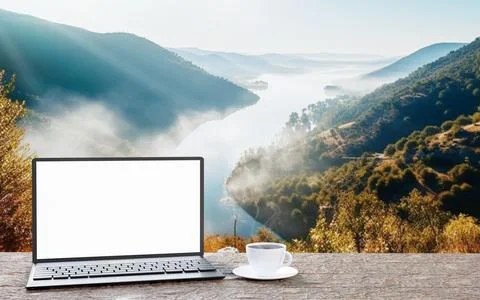Laptop or notebook, blank screen, placed on a wooden table, black coffee in.. Stock Illustration
