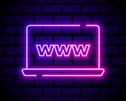 Laptop or notebook computer icon. Colour neon style on dark brick wall backgr 스톡 일러스트