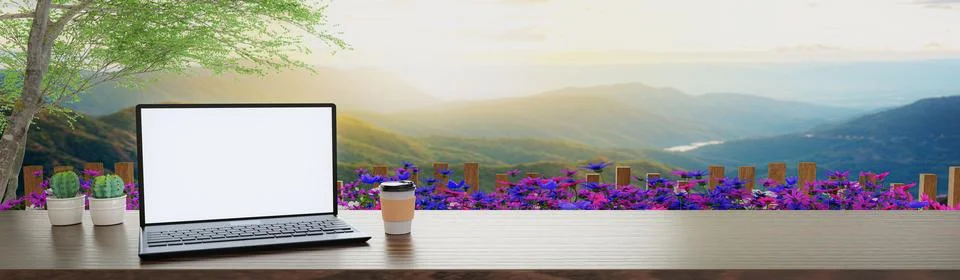 Laptop or notebook computer on a long wooden table, outside, mountain view... Stock Illustration