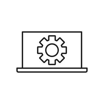 Laptop or pc with gear settings isolated vector icon. Stock Illustration