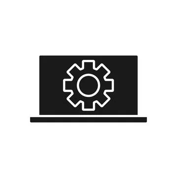 Laptop or pc with gear settings isolated vector black icon. 库存插图
