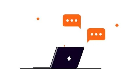 Laptop with orange chat bubbles illustration, Online communication and feedba 스톡 일러스트