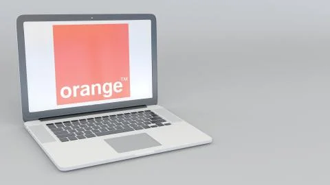 Laptop with Orange S.A. logo. Computer technology conceptual editorial 3D Stock-Illustration