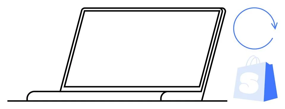 Laptop Outline with E-commerce Elements Circular Arrow and Shopping Bag Illustrazione stock