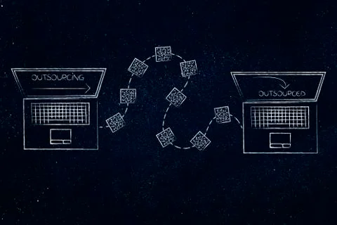 Laptop outsourcing load of work with another Stock Illustration