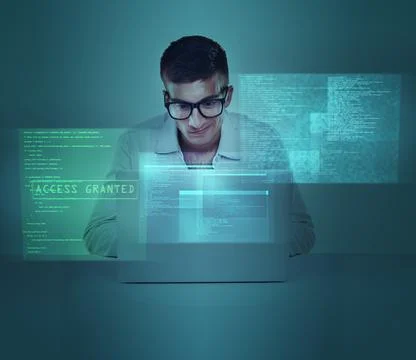 Laptop, overlay and database with a hacker man in studio on a blue background Stock-Fotos