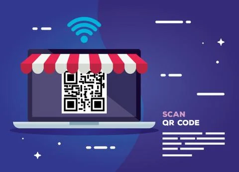 Laptop with parasol and scan code qr Stock Illustration