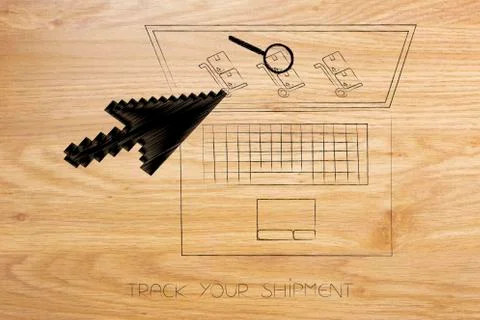 Laptop with parcels on the screen and oversize cursor clicking Stock Illustration
