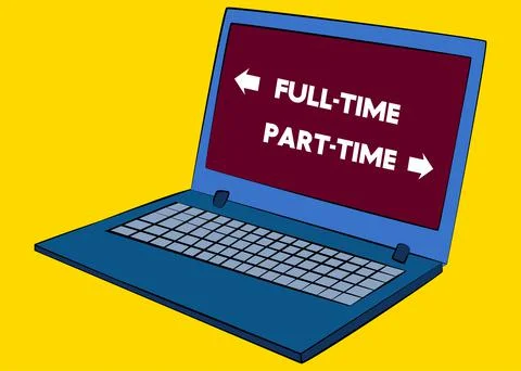 Laptop with Part-time and Full-time text with arrows on the screen. Vector ca Stock Illustration