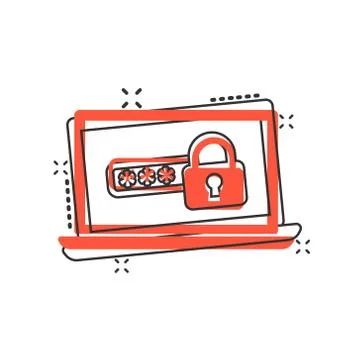 Laptop with password icon in comic style. Computer access cartoon vector illu Stock Illustration
