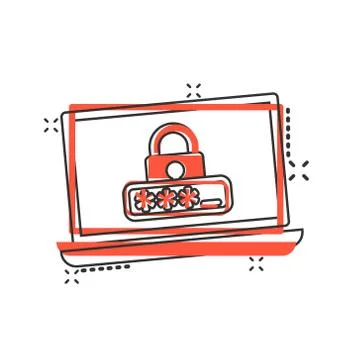 Laptop with password icon in comic style. Computer access cartoon vector illu Illustrazione stock