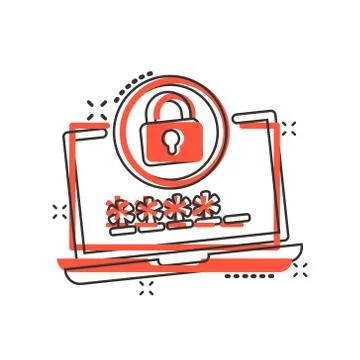 Laptop with password icon in comic style. Computer access cartoon vector illu Illustrazione stock