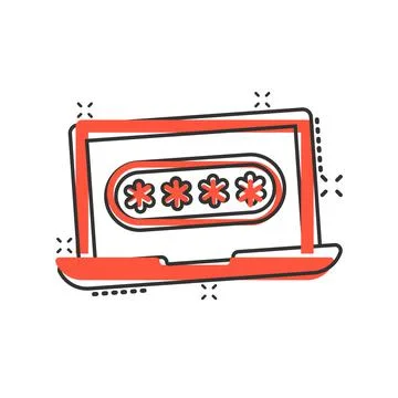 Laptop with password icon in comic style. Computer access cartoon vector illu Stock Illustration