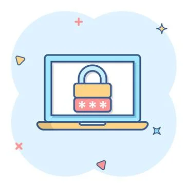 Laptop with password icon in comic style. Computer access cartoon vector illu Stock Illustration