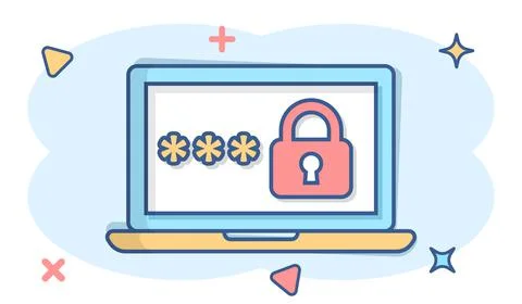 Laptop with password icon in comic style. Computer access cartoon vector illu Stock Illustration