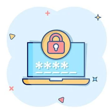 Laptop with password icon in comic style. Computer access cartoon vector illu Illustrazione stock