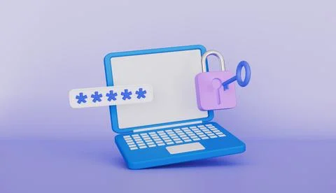 Laptop with a password input field, lock and key, Data protection and secure Stock Illustration