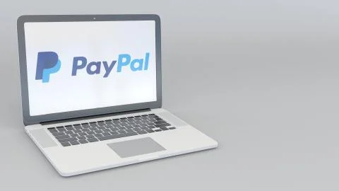 Laptop with PayPal logo. Computer technology conceptual editorial 3D rendering Illustrazione stock