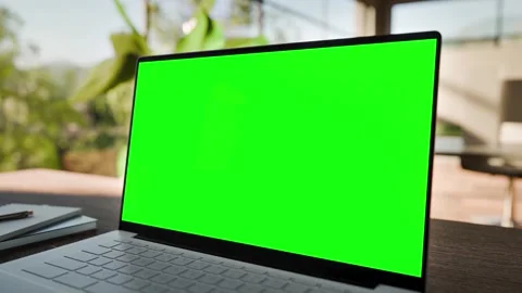Laptop PC  Blank Green Screen on Desk in Bright Bophilic Office Stock Footage 346760733