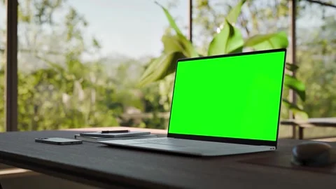 Laptop PC  Blank Green Screen on Desk in Bright Bophilic Office Stock Footage 346760740