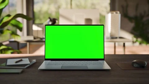 Laptop PC  Blank Green Screen on Desk in Bright Bophilic Office Stock Footage 346760745